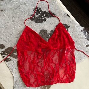 Red lace open back top